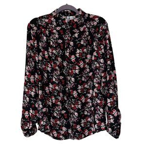 Women's ELLE Brand Brand Black Floral Button-Down Blouse 100% Polyester Size XXL